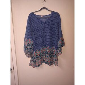 Bongo Plus Womens 1X Blue Geometric Floral Border Print V-Neck Tunic Blouse‎